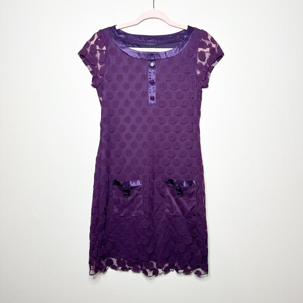 Y2K En Focus Studio Retro Sheath Dress Lace Layered Mini Purple Polka Dot Size 6
